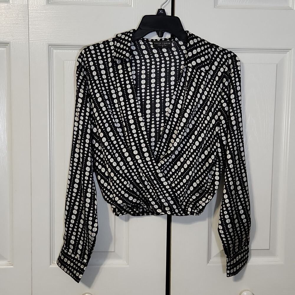 Dress Forum Los Angeles Cropped Long Sleeve Black White Polka-dot Wrap Blouse SM